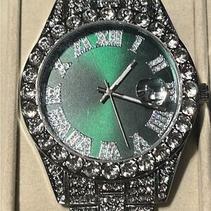 Silver and Green Crystal-Embellished Watch